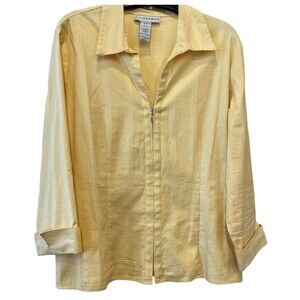 Sag Harbor 3/4 Sleeve Blouse Zip Front Yellow Cotton Spandex Preppy Size 14
